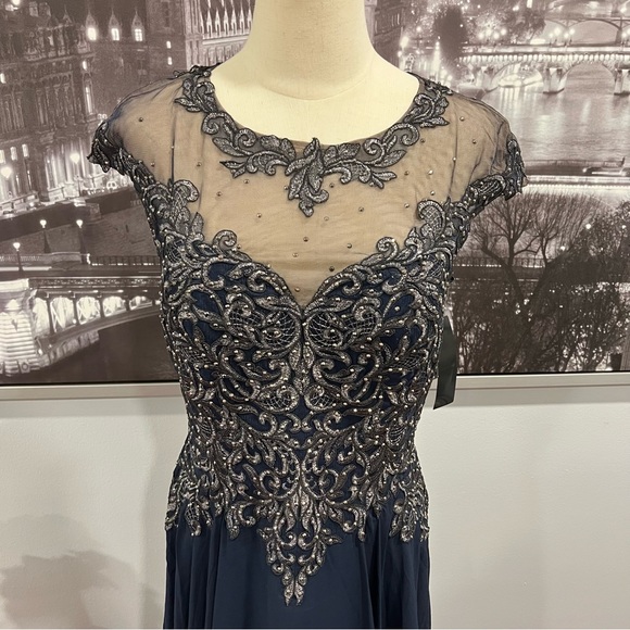 Xscape Navy Blue Embellished Embroidered Princess Neckline Gown NWT -  Reemoly